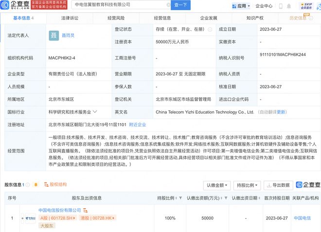 中国电信新设教育科技子公司,注册资本5亿元